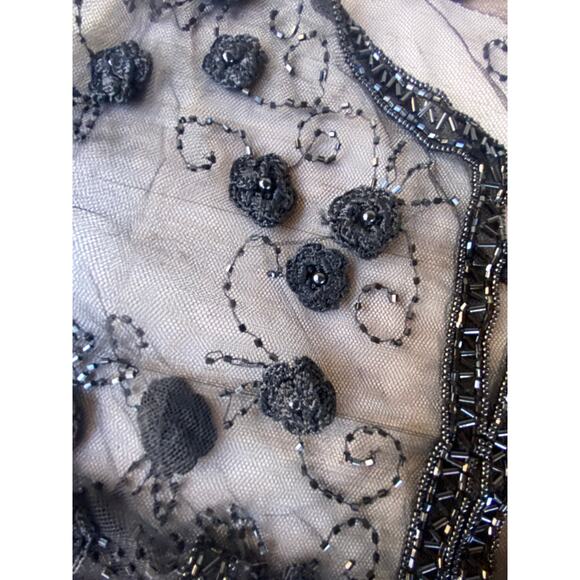Black Net Embroidered Beaded Floral Blouse Shirt Top Jacket SZ L C100845 - Picture 3 of 10
